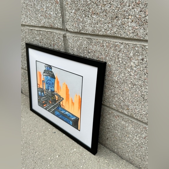 Original Art Orange and Blue Industrial Style on Canvas Board 8x10 Framed - Picture 3 of 8